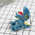 Vue détaillée latérale d'un porte-clés dinosaure en peluche bleue avec épines jaunes au dos - 14 cm (avec porte-clés) / Bleu