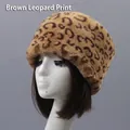 Winter faux fur leopard print hat in brown, warm round top style for women - One Size / Brown Leopard Print