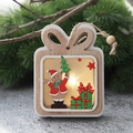 Wooden Christmas gift box ornament with teddy bear scene and warm LED light hanging - Gift Bag Style