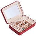 Portable red leather jewelry box with mirror and beige velvet lining for rings and earrings - Burgundy