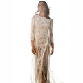 White long sleeve lace evening dress with elegant open back and hollow out floor length - S / Dresses / White