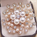 Elegant gold flower brooch featuring white faux pearls and sparkling crystal rhinestones - No. 07-Snowflake Radiating Pearl