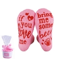 Fuzzy pink crew socks with 'bring me some beer' non-slip lettering and gift packaging - Pink Beer
