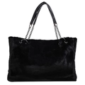 Bolso tote de felpa negra elegante con asas de cuero y cadena plateada de alta calidad - Negro