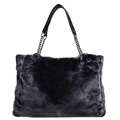 Deep gray faux fur tote bag with black leather handles and metallic chain detail - Gray