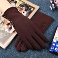 Women's dark brown thermal gloves with fleece lining and four decorative buttons - Button Decoration Style / Brown