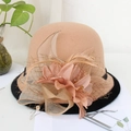 Détail du chapeau en laine camel avec maille décorative, fleurs et bord en fourrure - Kaki