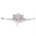 Close-up of a grey plush elephant baby comforter with knotted corners and soft fabric - Grey Elephant