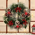 Christmas wreath with green pine needles, brown cones and red berries on a wooden background - Mushroom Style / 30cm
