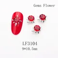 Macro view of red sun flower nail crystal with silver claw setting, size 9x10.5mm - 3104 Bright Red Silver Base Gem Flower (LF3104)