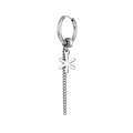 Detailed macro view of silver titanium steel hoop earring with floral pendant and long chain tassel - Flower Style