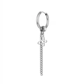 Macro shot of silver titanium steel hoop earring with hollow butterfly and long tassel chain - Butterfly Style