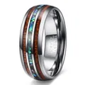 Detail of 8mm tungsten ring with colorful abalone shell and wood inlay textures - US 10 / Wood Grain
