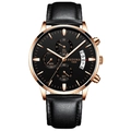 Montre chronographe pour homme avec boîtier or rose, cadran noir et bracelet cuir - Bracelet en Cuir Noir Boîtier Or Rose Cadran Noir
