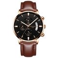 Montre chronographe homme avec boîtier or rose, cadran noir et bracelet en cuir brun - Bracelet en Cuir Marron Boîtier Or Rose Cadran Noir