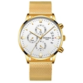 Montre chronographe dorée pour homme avec cadran blanc et bracelet maille milanaise - Bracelet en Maille Doré Boîtier Doré Cadran Blanc