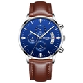 Montre chronographe pour homme en argent avec cadran bleu et bracelet en cuir brun - Bracelet en Cuir Marron Boîtier Argenté Cadran Bleu