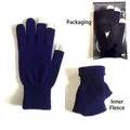 Blue knit touchscreen gloves with warm brushed fleece lining and grey conductive fingertips - Navy Blue Brushed