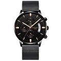 Montre homme en acier noir avec indices or rose et bracelet en maille milanaise - Bracelet en Maille Noir Boîtier Noir Index Or Rose Cadran Noir