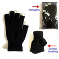 Black knitted touchscreen gloves with fleece lining and retail packaging display - Black Brushed