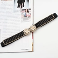 Elastic black waist belt with pearl flower buckle and gold chain trim for dresses - Round Pearl Rhinestone Buckle (Gold)