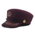 Burgundy wool sailor hat with gold wheat embroidery and crown patch detail - 58cm / Burgundy