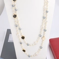 Elegant multi-layer long necklace with white and grey pearls and camellia flower pendant - Gray