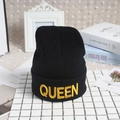 Black knitted beanies with golden QUEEN embroidery for winter couple streetwear style - Black Yellow QUEEN