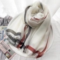 Plaid wool scarf in white with red and black stripes and tassel edge detail - White Grid