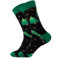 Close-up of black cotton socks with Christmas tree patterns and green heel detail - Christmas Tree