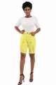 Detailed view of yellow distressed denim shorts with high-waist cut and ripped details - S / Yellow