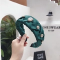 Elegant emerald green woven headband with sparkling rhinestones and gold metal accents - Green