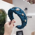Deep green woven headband featuring elegant crystal embellishments and vintage pleated style - Peacock Blue