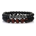 Mens beaded bracelet set with matte black hematite and natural tiger eye stones on white background - Matte Black Beads + Hematite + Red-Brown Stone / Two-Piece Set