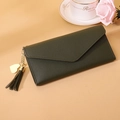 Dark green leather long wallet for women with envelope flap and heart tassel detail - Long Style / Green