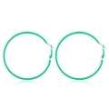 Detailed macro view of large green hoop earrings with matte finish and secure hinge closures - Green