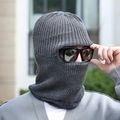 Graue Strick-Sturmhaube für Herren mit dickem Fleece-Futter und Nackenwärmer - Vertikaler Streifen ohne Krempe / Grau