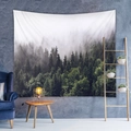 Detailed view of bohemian forest tapestry hanging in a modern living room setting - 73X95CM (Brushed Fabric) / Dark Green Misty Pine Forest (GT100026)