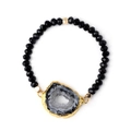 Faceted black crystal bead bracelet with a gold-edged grey druzy agate slice centerpiece - Black Agate/Black Beads