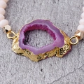 Pink faceted beaded bracelet featuring a purple druzy agate slice with gold-plated edges - Purple Slice/Pink Beads