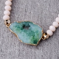 Pink faceted bead bracelet featuring a green druzy agate pendant with gold plated edges - Green Agate/Pink Beads