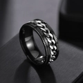 Macro shot of men's black titanium steel ring with a rotatable silver chain inlay - US 6 / Black Steel