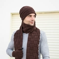 Men's winter knit set in dark brown with beanie, scarf and touch screen gloves - Hat, Scarf and Gloves / Coffee