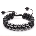 Double-layer braided bracelet with matte black onyx and metallic silver beads for men - Matte Stone + Hematite