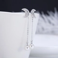 925 silver crescent moon earrings with long chain and white pearl pendant drop - Crescent Long Chain Pearl / Silver Moon Pearl (SE61)
