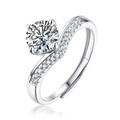 Moissanite ring in S925 silver with wavy band and adjustable opening for women - R9210 Moissanite Style / 1 Carat / 6.5mm