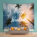 Nordic wall tapestry featuring sunset palm trees and Happy Weekend text for bedroom decor - 73X95CM / Happy Weekend Beach