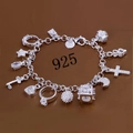 S925 sterling silver charm bracelet featuring hearts, stars, and moon charms on reflective surface - Silver Plated (925 Stamp)