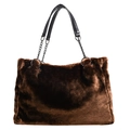 Dark brown faux fur tote bag featuring black PU leather handles and silver chain detail - Brown