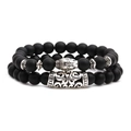 Matte black onyx beaded bracelet set with silver Buddha head and textured tube spacer - Long Buddha Combination